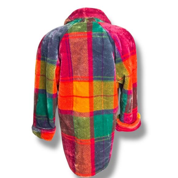 Vintage Donnybrook Rainbow Plaid Faux Fur Coat Colorful Oversized Jacket Large - Picture 10 of 14